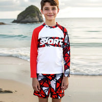 Boys Red Abstract Printed Long Sleeves T-Shirt & Shorts Swimsuit Sets Sets