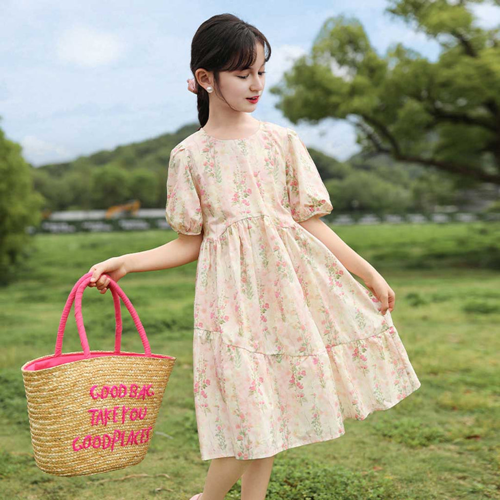 Girls Puff Sleeve Floral Print Fit & Flare Dress