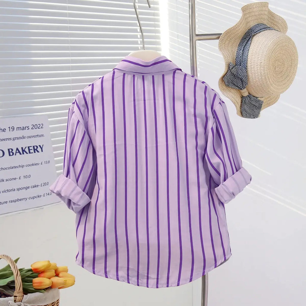 Girls Purple Stripe Shirt With Printed T-Shirt And Denim Shorts Sets 3 pc. Sets
