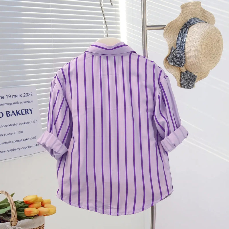 Girls Purple Stripe Shirt With Printed T-Shirt And Denim Shorts Sets 3 pc. Sets