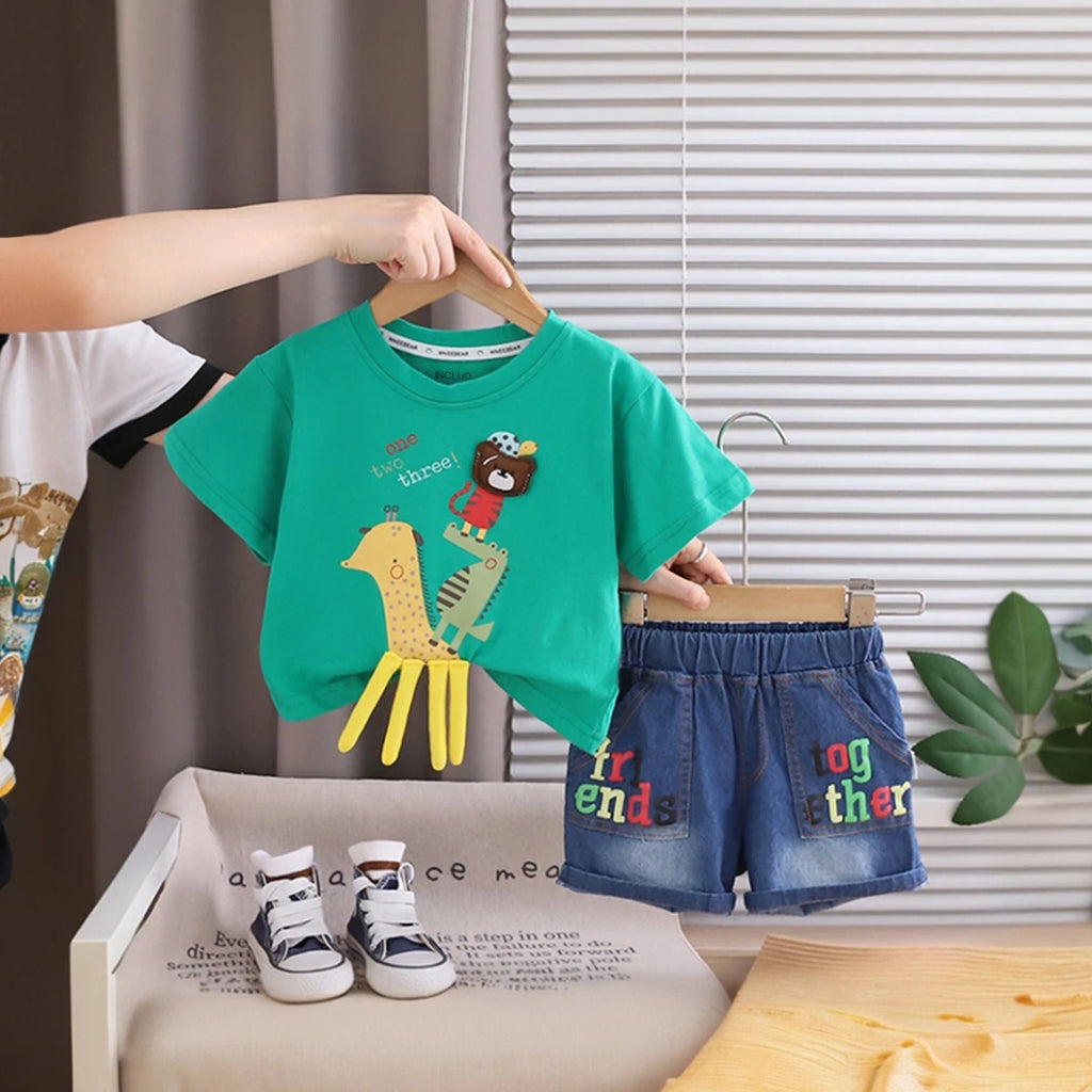 Boys Green Animal Applique Short Sleeve T-Shirt With Denim Shorts Sets 2 pc. Sets Green 1-2 Y