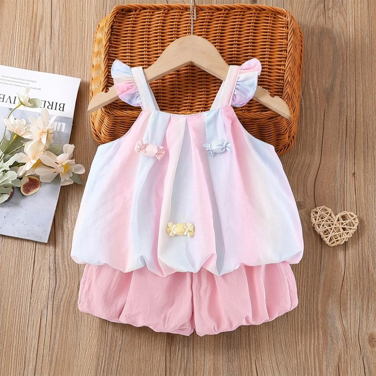 Girls Light Pink Candy Applique Top With Shorts Sets Sets Light Pink 1-2 Y