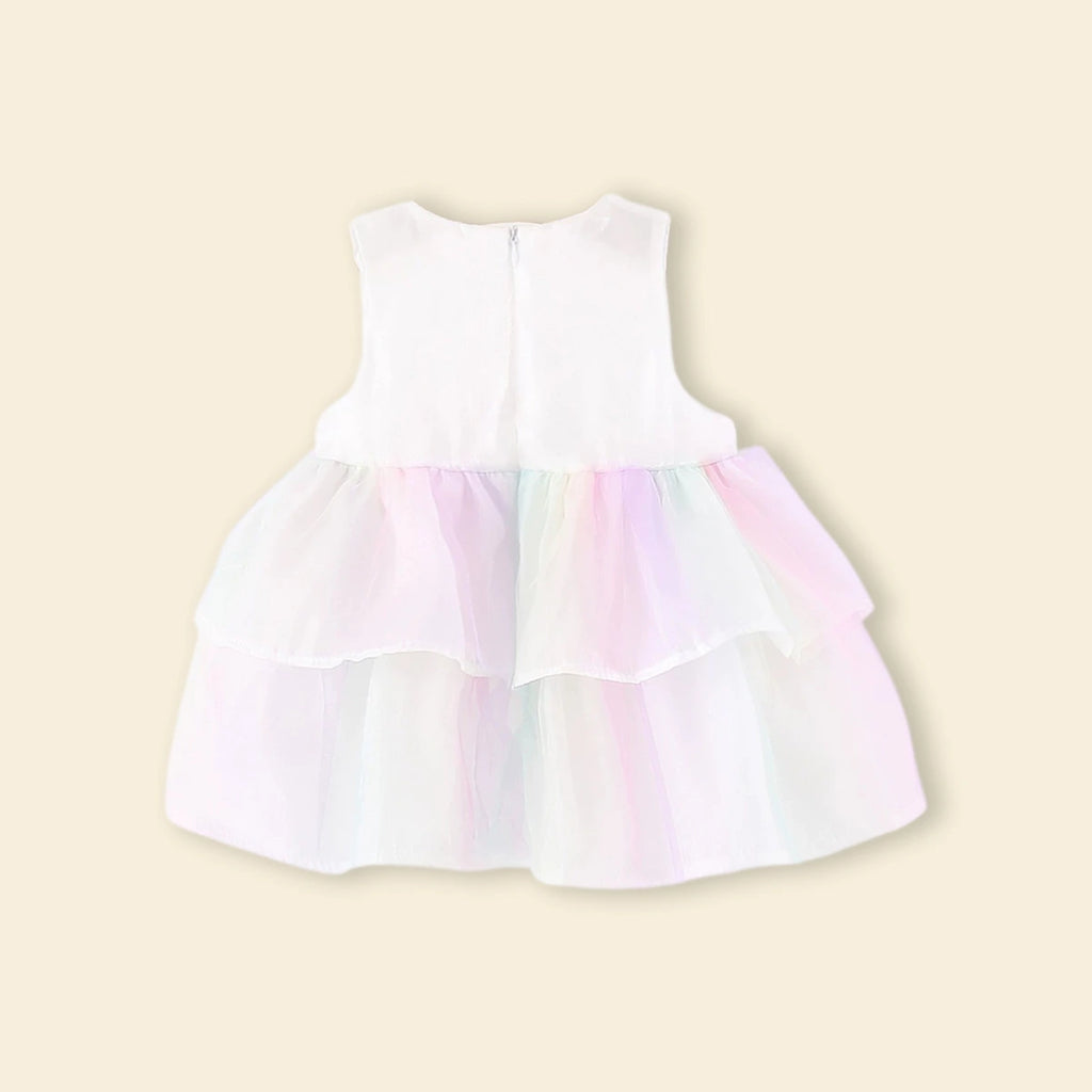 Girls White Rainbow Print Bow Applique Sleeveless Layered Dress Casual Dresses