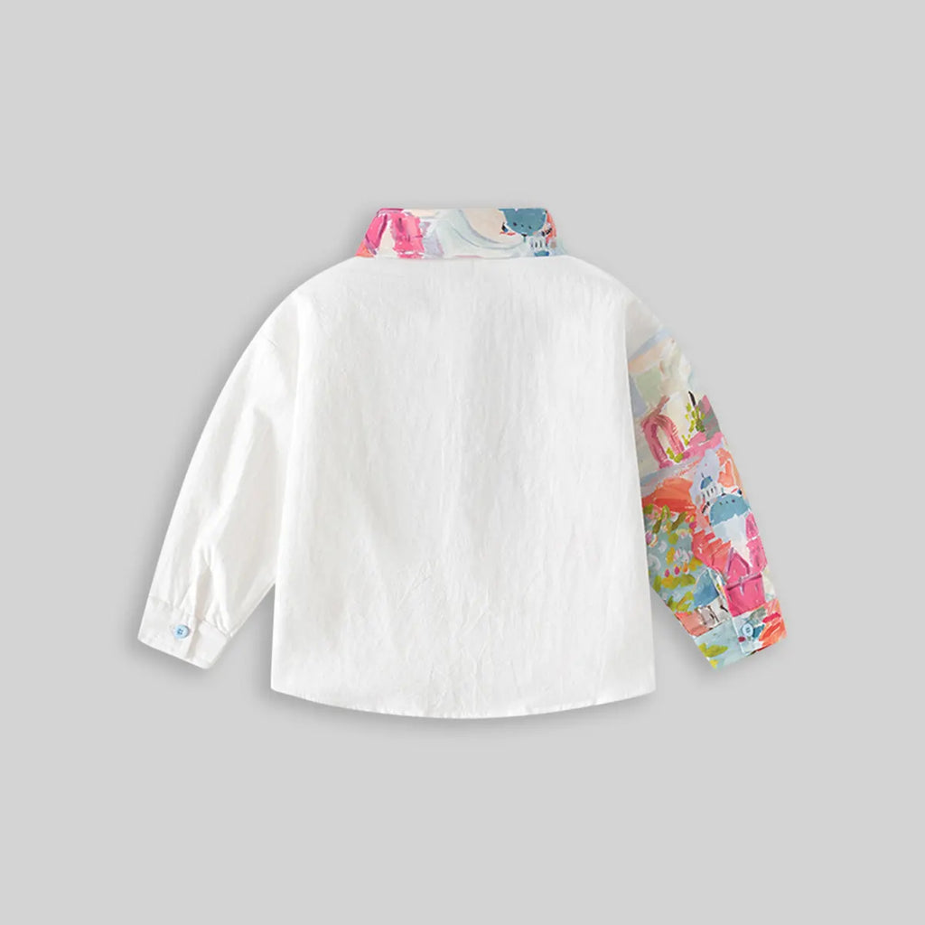 Boys White Abstract Printed Long Sleeves Shirts Shirts