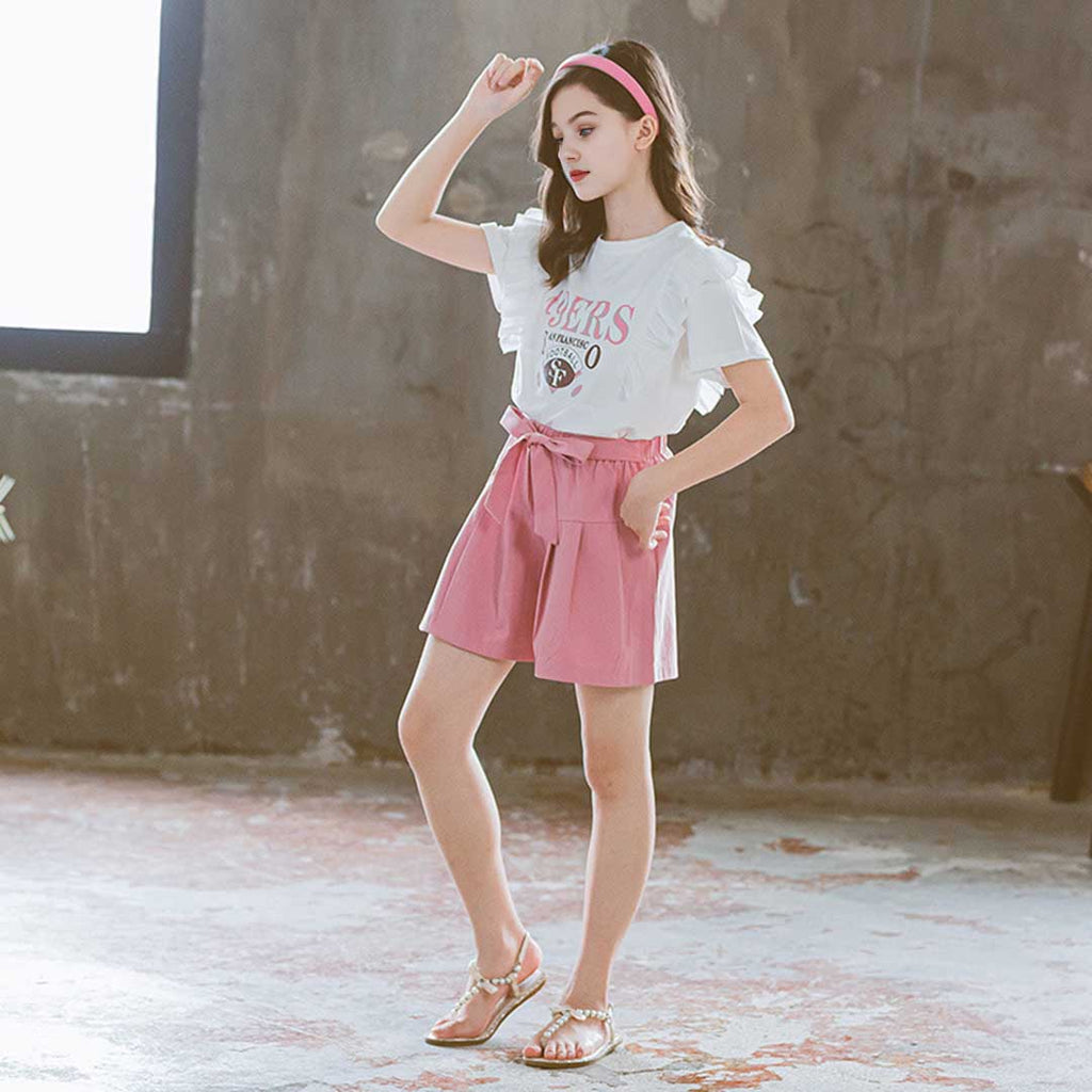 Girls Short Sleeve Printed T-Shirt With Pleated Shorts Set