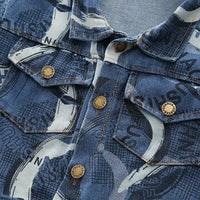 Boys White Abstract Printed Denim Jacket With T-Shirt & Jogger Sets Sets