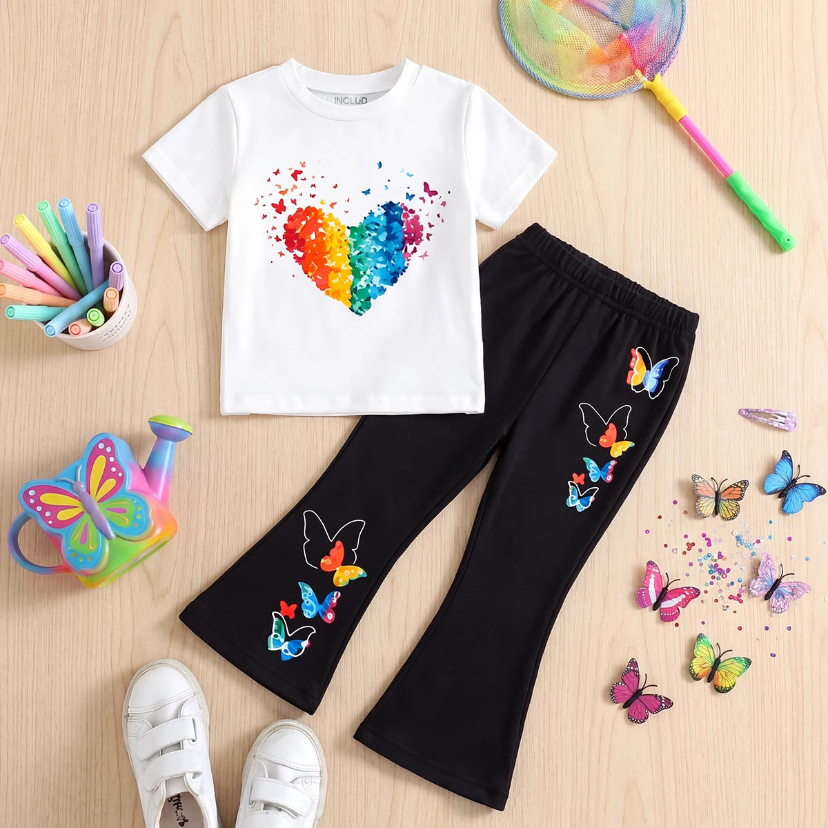Girls White Short Sleeve Butterfly Print T-Shirt With Pants Sets 2 pc. Sets White 3-4 Y