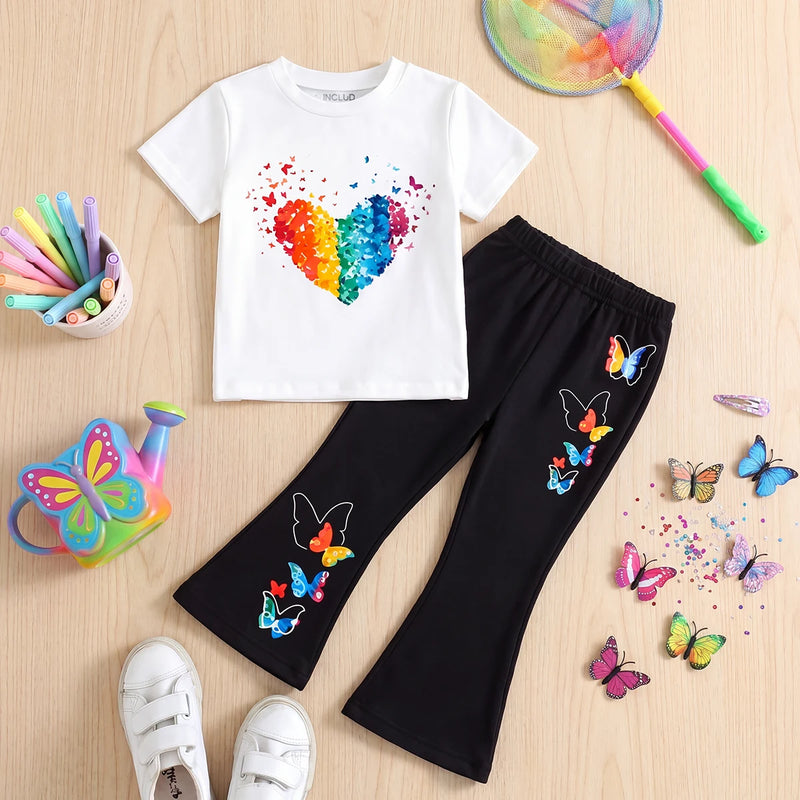 Girls White Short Sleeve Butterfly Print T-Shirt With Pants Sets 2 pc. Sets White 3-4 Y