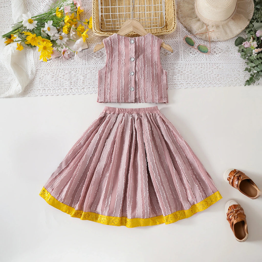 Girls Dusty Rose Self Stripes Ruffle Top With Skirts Set Sets