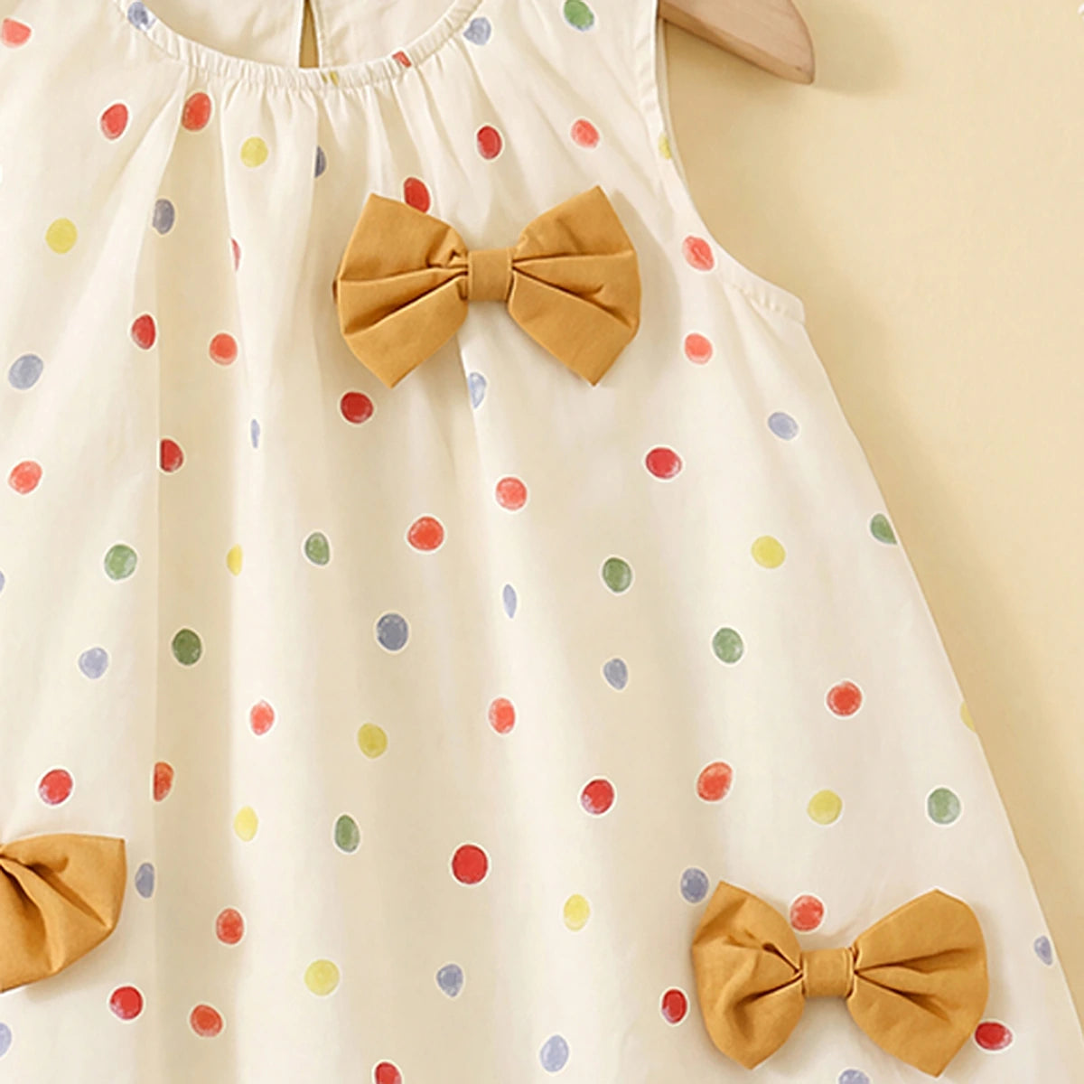 Girls Yellow Polka Dot Print Bow Applique A-Line Dress Casual Dresses