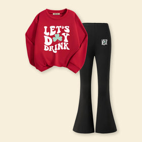 Girls Red Typographic Printed Sweatshirt With Flared Pants Sets 2 pc. Sets Red 7-8 Y