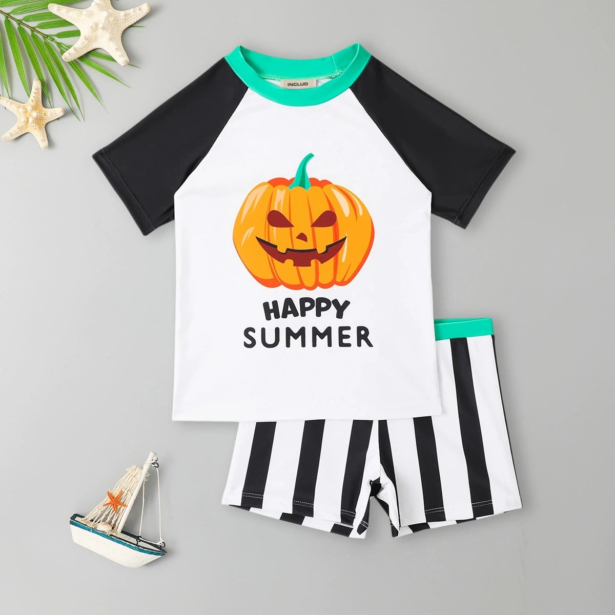 Boys White Pumpkin Cartoon Printed T-Shirt With Stripe Shorts Swimwear Sets Sets White 3-4 Y