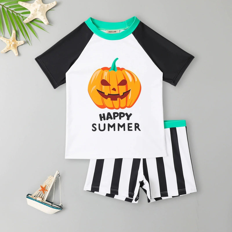 Boys White Pumpkin Cartoon Printed T-Shirt With Stripe Shorts Swimwear Sets Sets White 3-4 Y