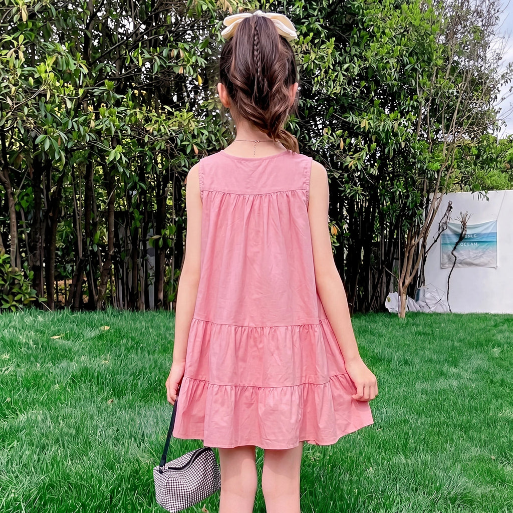 Girls Pink Solid Sleeveless Tiered Dress Casual Dresses