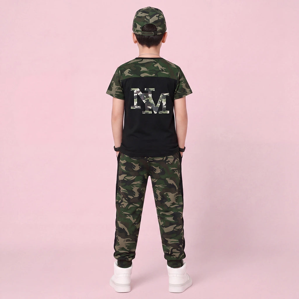 Boys Black Camouflage Print Short Sleeve T-Shirt With Pants Sets 2 pc. Sets