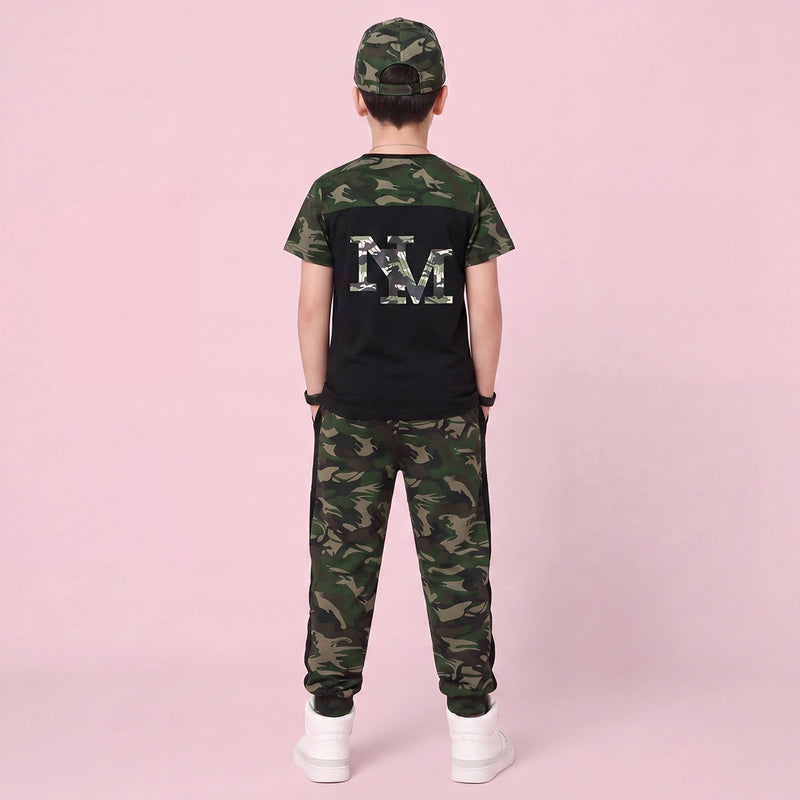 Boys Black Camouflage Print Short Sleeve T-Shirt With Pants Sets 2 pc. Sets