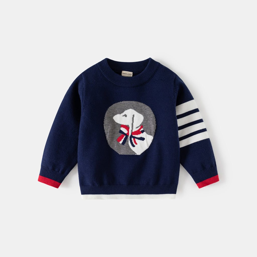 Boys Navy Blue Regular Sweater With Self-Design Puppy Patterns Sweaters & Cardigans