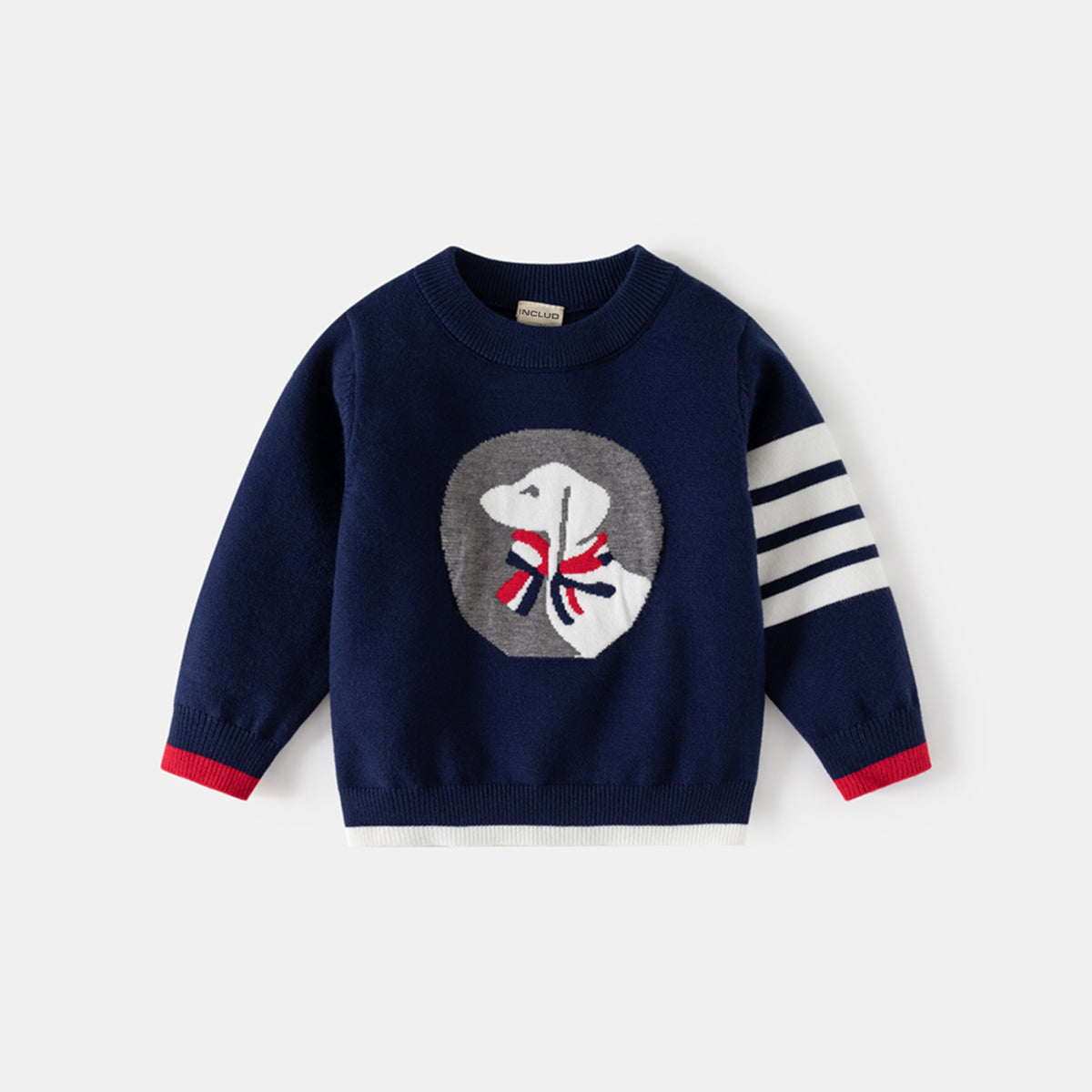 Boys Navy Blue Regular Sweater With Self-Design Puppy Patterns Sweaters & Cardigans