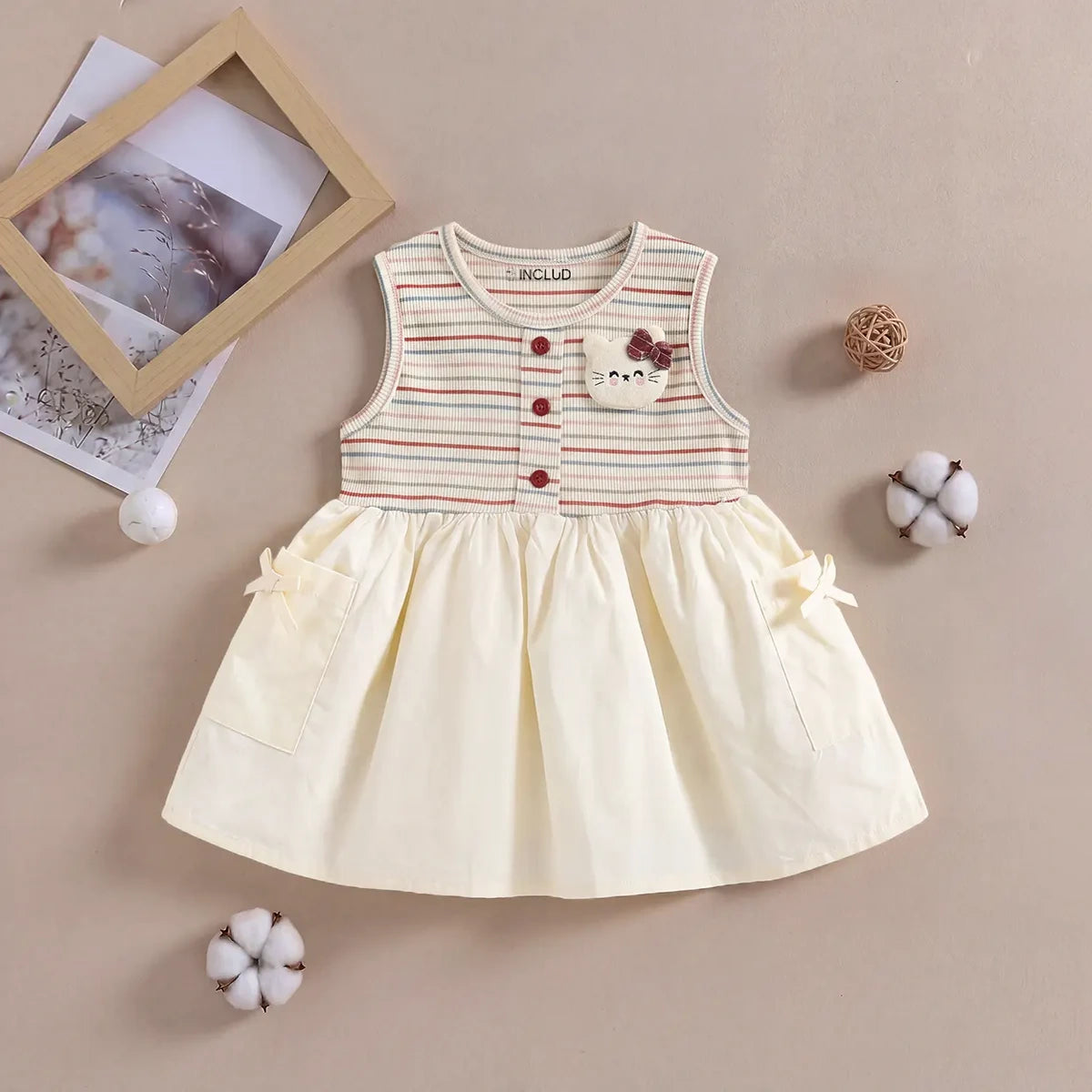 Girls Cream Striped Cat Applique Fit & Flare Dress With Bow Details Casual Dresses Cream 1-2 Y