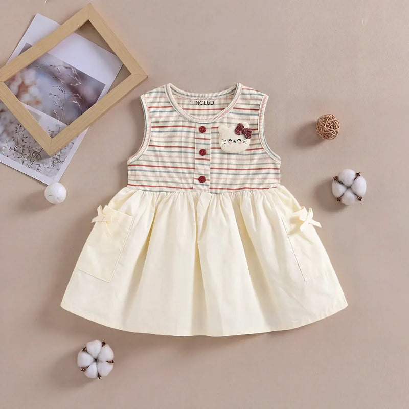 Girls Cream Striped Cat Applique Fit & Flare Dress With Bow Details Casual Dresses Cream 1-2 Y