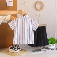 Boys Black Stripes Attached Front Waistcoat Shirt With Shorts Sets Sets