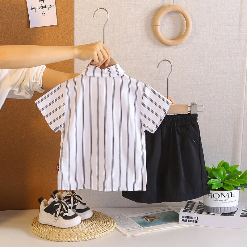 Boys Black Stripes Attached Front Waistcoat Shirt With Shorts Sets Sets