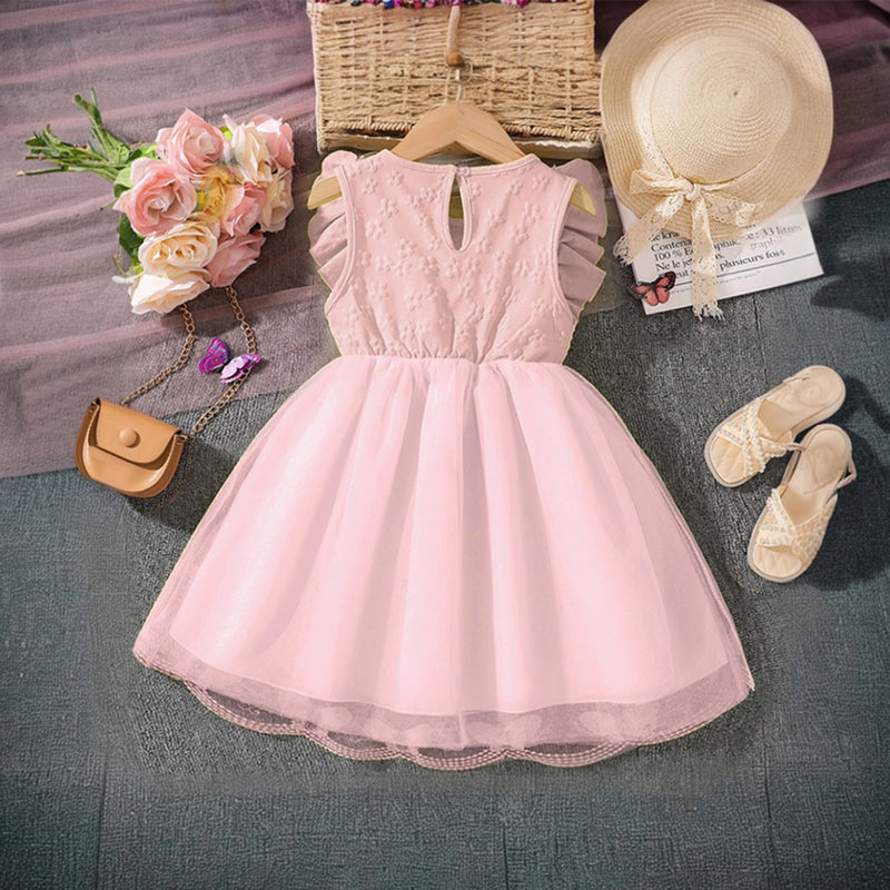 Girls Pink Butterfly Applique Flutter Sleeve Fit & Flare Party Dress Party Dresses
