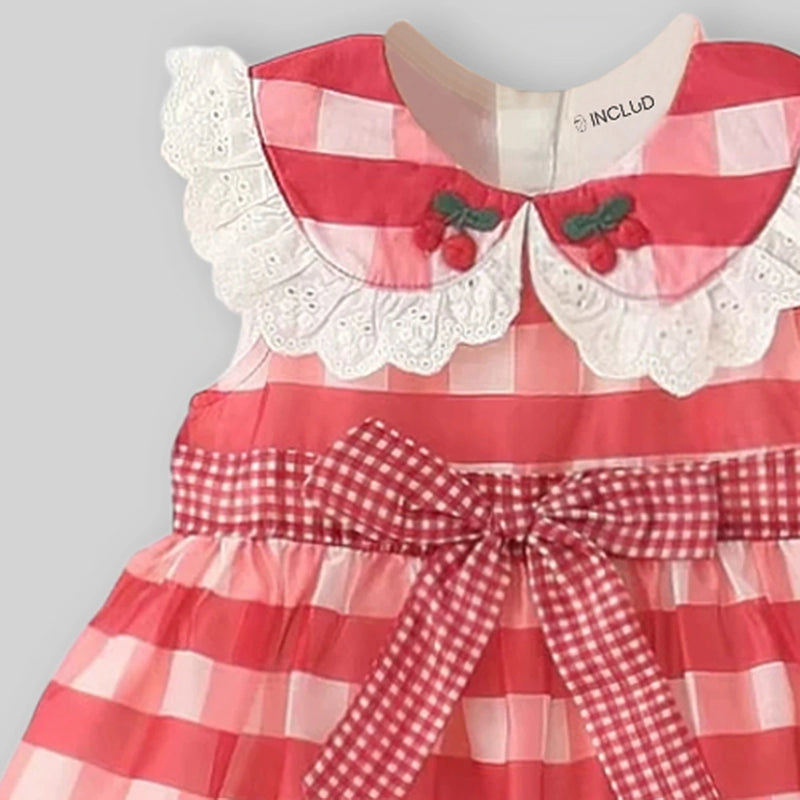 Girls Red Checked Cherry Applique Sleeveless Fit & Flare Dress Casual Dresses
