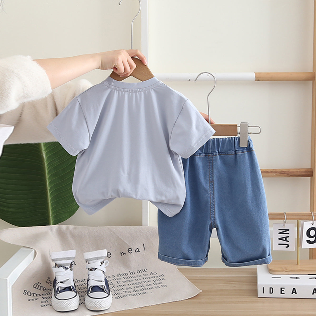 Boys Light Blue Appliqued Short Sleeves T-Shirt With Denim Shorts Set 2 pc. Sets