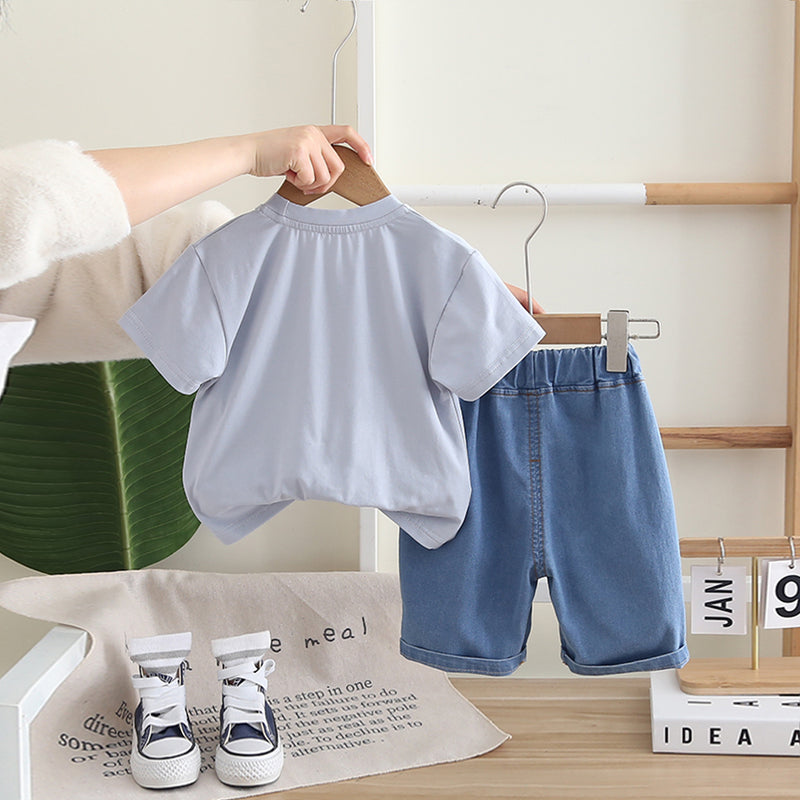 Boys Light Blue Appliqued Short Sleeves T-Shirt With Denim Shorts Set 2 pc. Sets