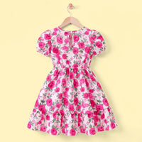 Girls Pink Floral Print Puff Sleeve Fit & Flare Dress Casual Dresses