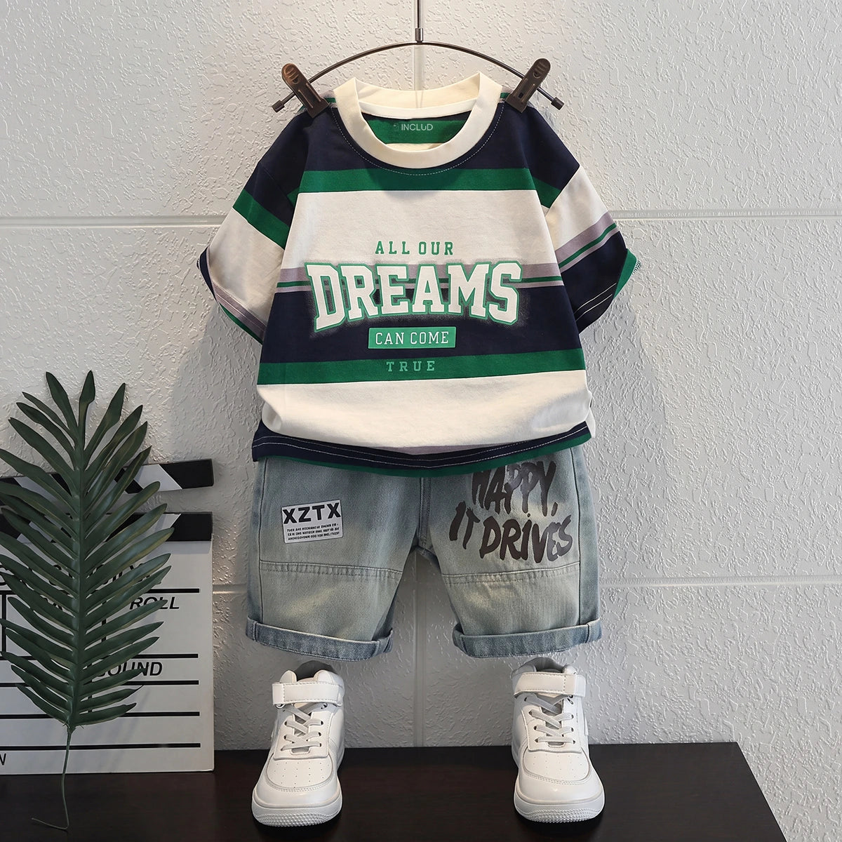Boys Green Typography print Short Sleeve T-Shirt With Denim Shorts Sets 2 pc. Sets Green 1-2 Y