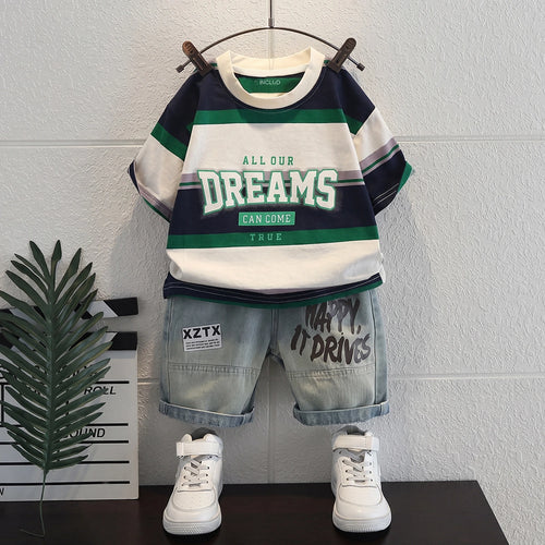 Boys Green Typography print Short Sleeve T-Shirt With Denim Shorts Sets 2 pc. Sets Green 1-2 Y