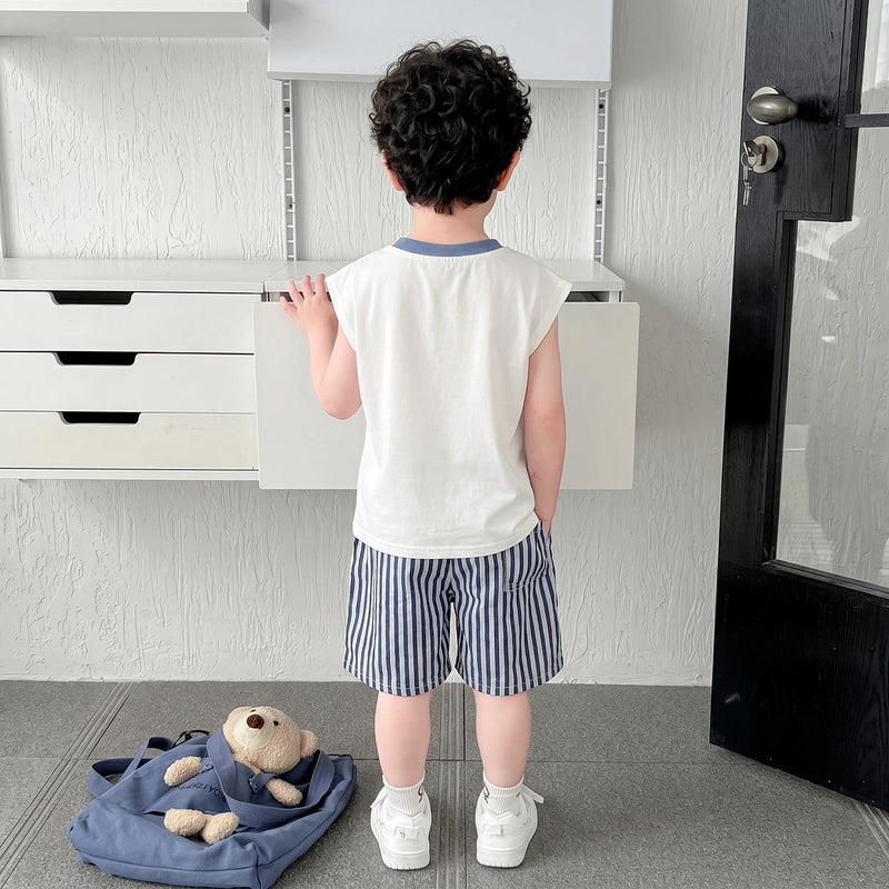 Boys White Bear Graphic Sleeveless T-Shirt With Striped Shorts Sets Sets