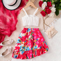 Girls White Textured Sleeveless Crop Top With Skirt Sets 2 pc. Sets