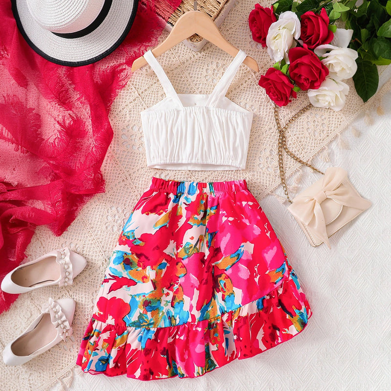 Girls White Textured Sleeveless Crop Top With Skirt Sets 2 pc. Sets