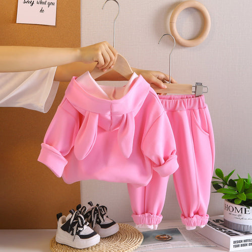 Girls Pink Solid Rabbit Applique Hooded Sweatshirt With joggers Set 2 pc. Sets