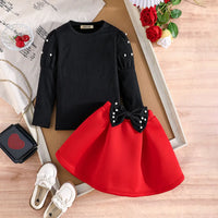 Girls Black Beaded Puff Sleeves Top With Bow Pleated Skirt Sets Sets