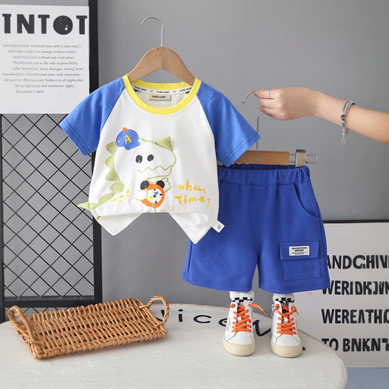 Boys Blue Dinosaur Cartoon Print T-Shirt With Shorts Set Sets Blue 1-2 Y
