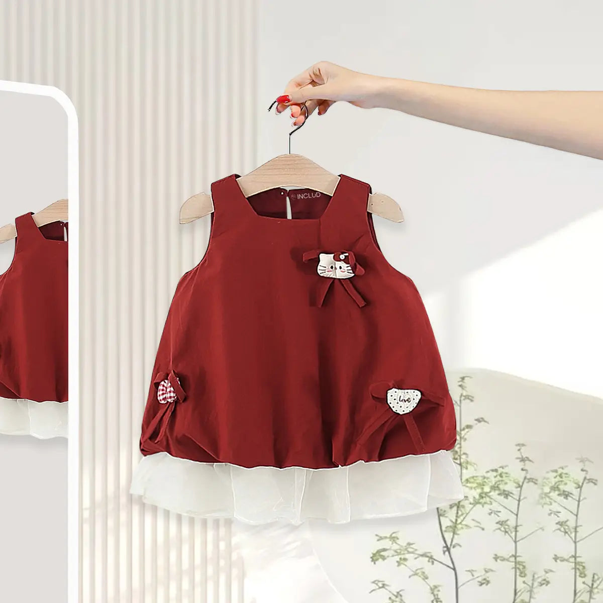 Girls Maroon A-line Casual Dress With Bow Appliques Casual Dresses Maroon 1-2 Y