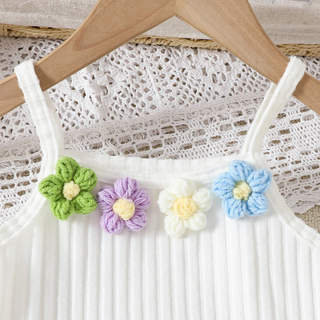 Girls White Floral Applique Top With Denim Shorts Sets Sets