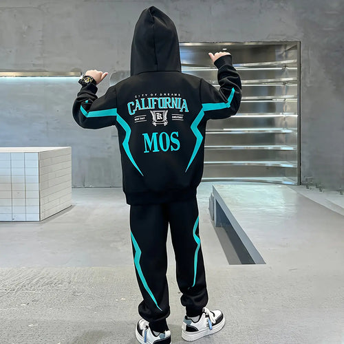 Boys Black Typographic Printed Hooded Sweatshirt With Jogger Sets Sets