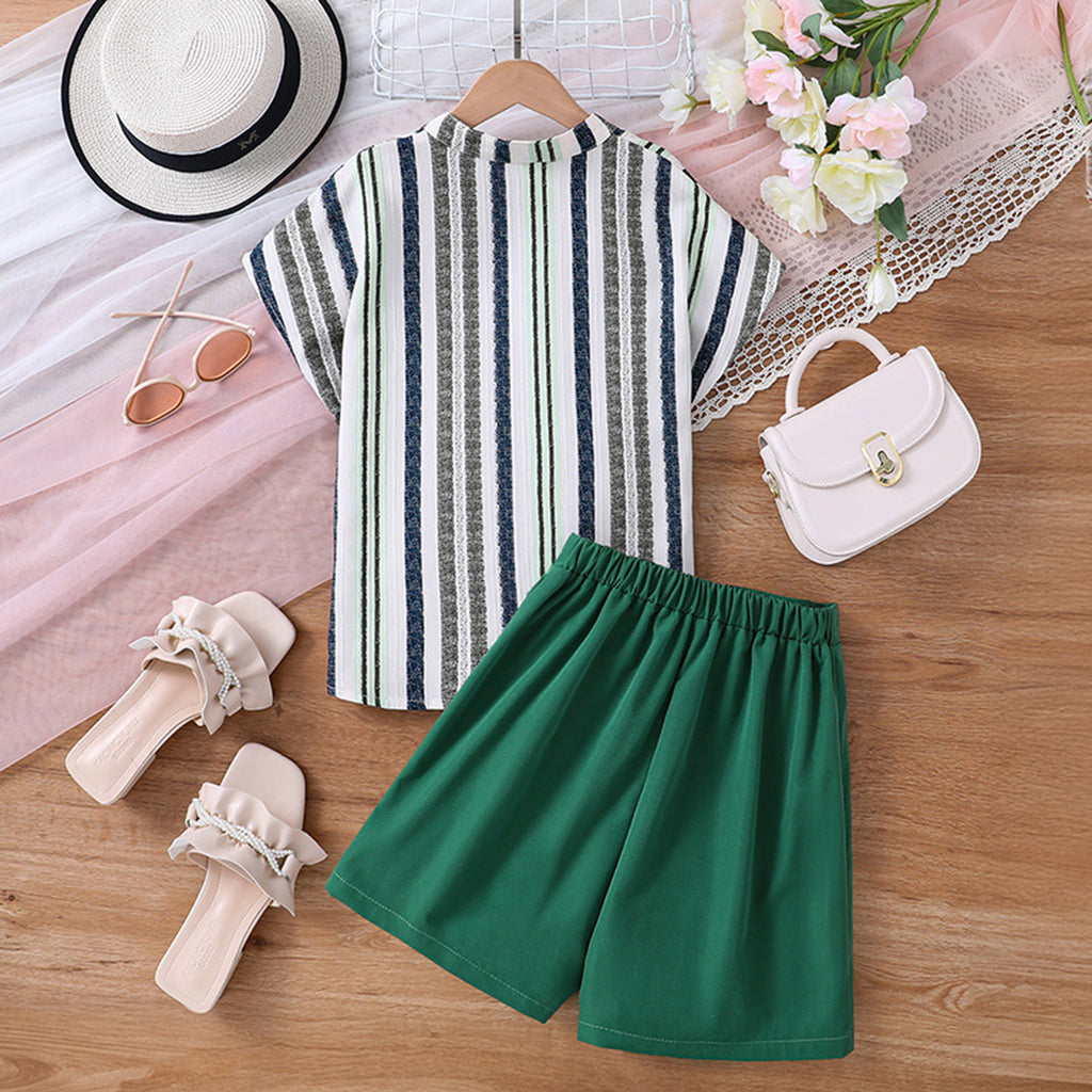 Girls Extended Sleeve Striped Shirt With Shorts Set