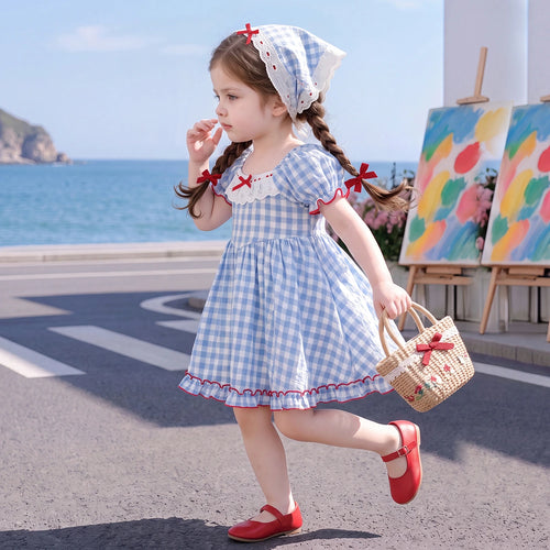 Girls Blue Checked Puff Sleeve Flared Dress Casual Dresses