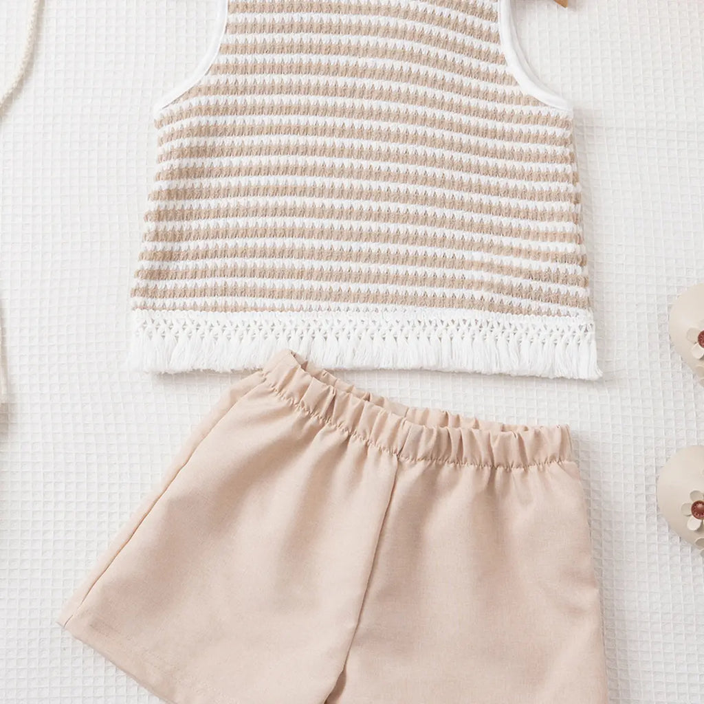 Girls Beige Self Design Stripes Sleeveless Top With Shorts Set Sets