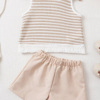 Girls Beige Self Design Stripes Sleeveless Top With Shorts Set Sets
