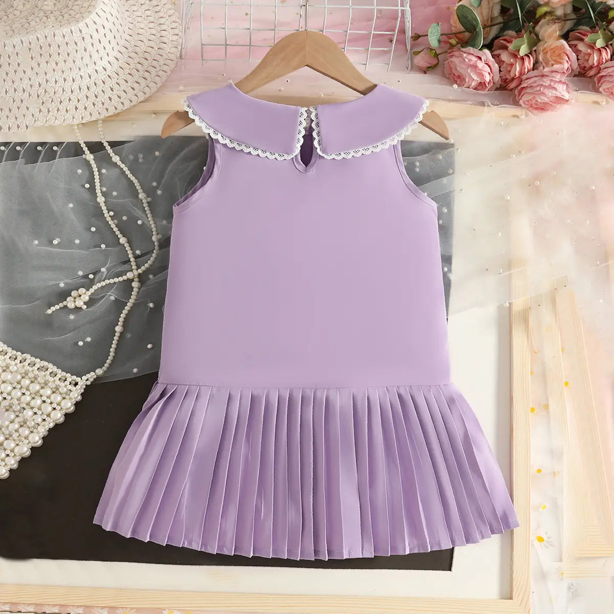 Girls Purple Flowers Applique A-line Dress With Pleated Hem Casual Dresses