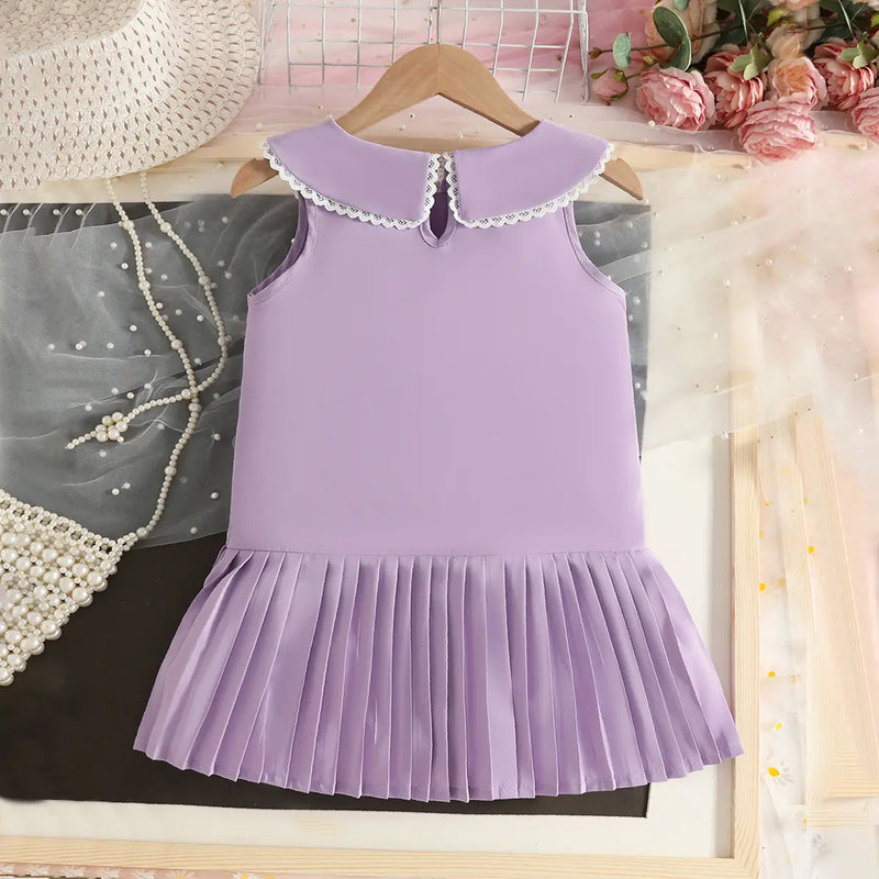Girls Purple Flowers Applique A-line Dress With Pleated Hem Casual Dresses