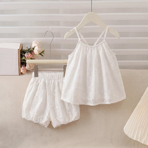 Girls White Floral Embroidered Sleeveless Top With Shorts Sets 2 pc. Sets White 1-2 Y