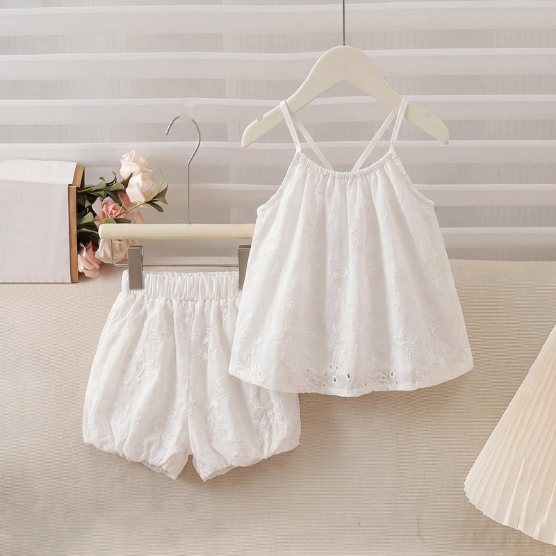 Girls White Floral Embroidered Sleeveless Top With Shorts Sets 2 pc. Sets White 1-2 Y